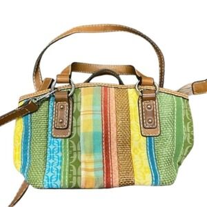 Fossil Patchwork Striped Canvas Leather Satchel Crossbody Bag Multicolor Green